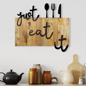 Accesoriu decorativ de perete Just Eat It, lemn/metal, nuc/negru, 58x3x52 cm