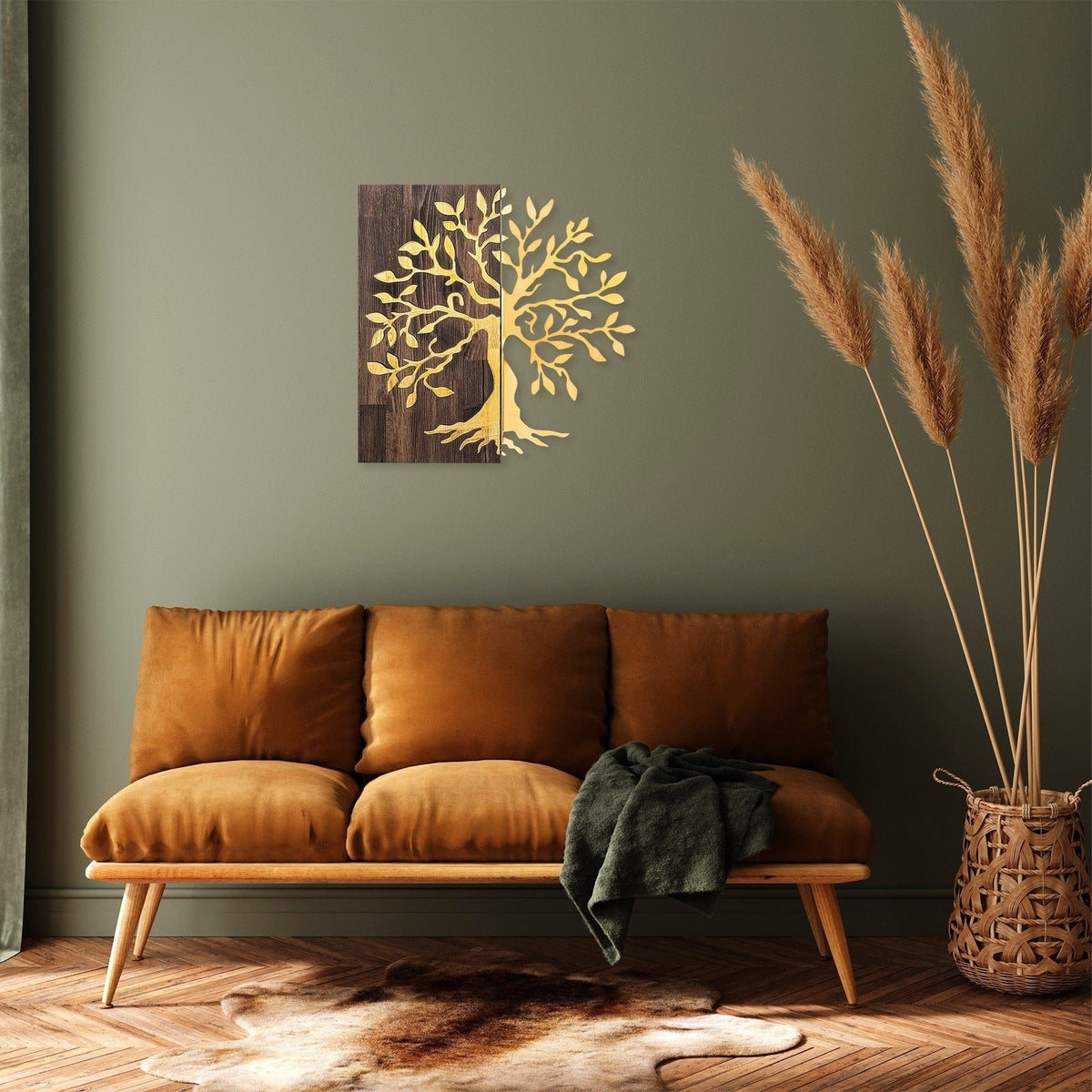 Accesoriu decorativ de perete Tree, nuc/auriu, lemn/metal, model copac, 58x58 cm