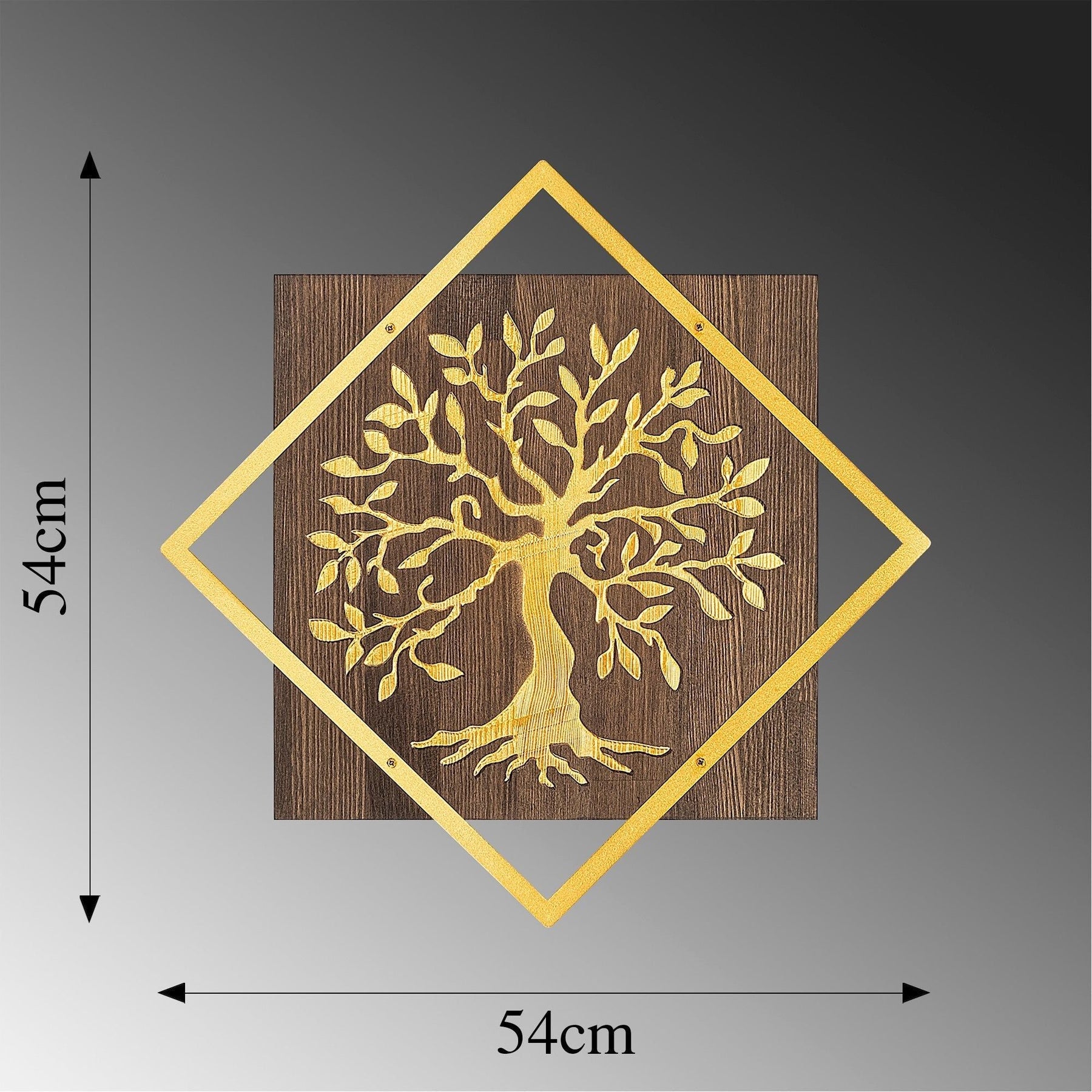 Accesoriu decorativ de perete Tree v2, nuc/auriu, 50% lemn/50% metal, model copac, 54x54 cm