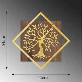 Accesoriu decorativ de perete Tree v2, nuc/auriu, 50% lemn/50% metal, model copac, 54x54 cm