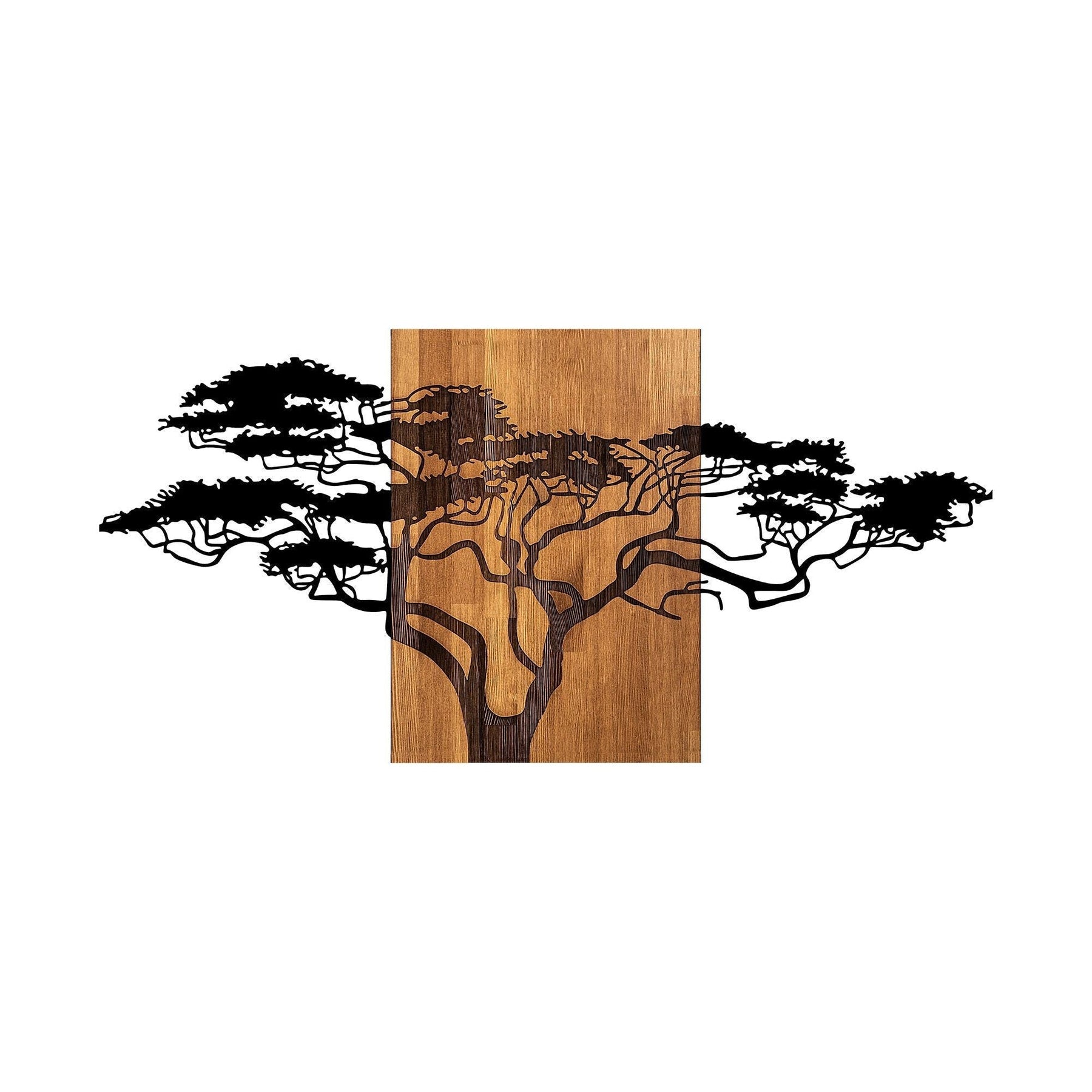 Decoratiune de perete Acacia Tree - 329, negru/nuc, lemn/metal, 144x3x70 cm