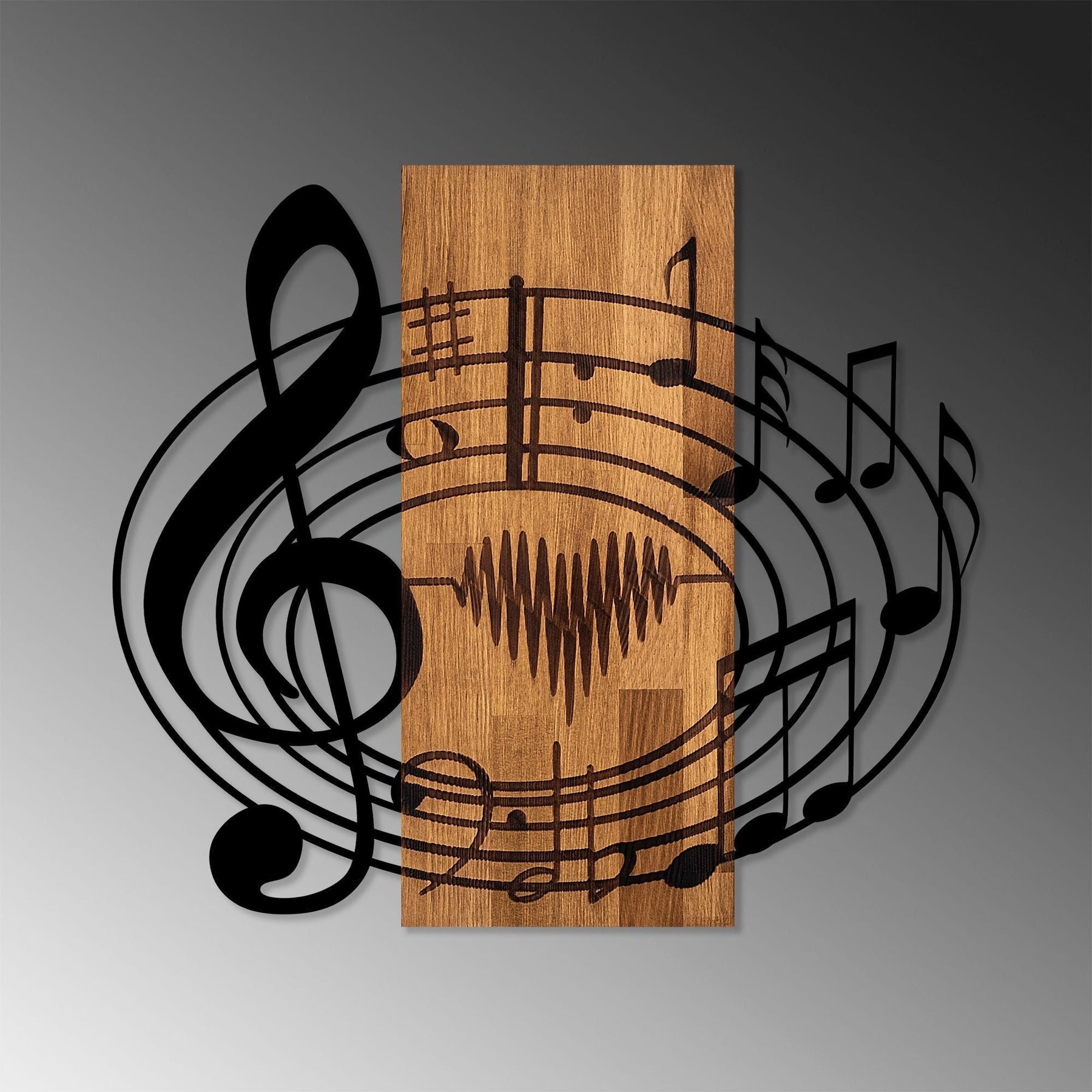 Decoratiune perete Musical, lemn/metal, nuc/negru, 67x58 cm