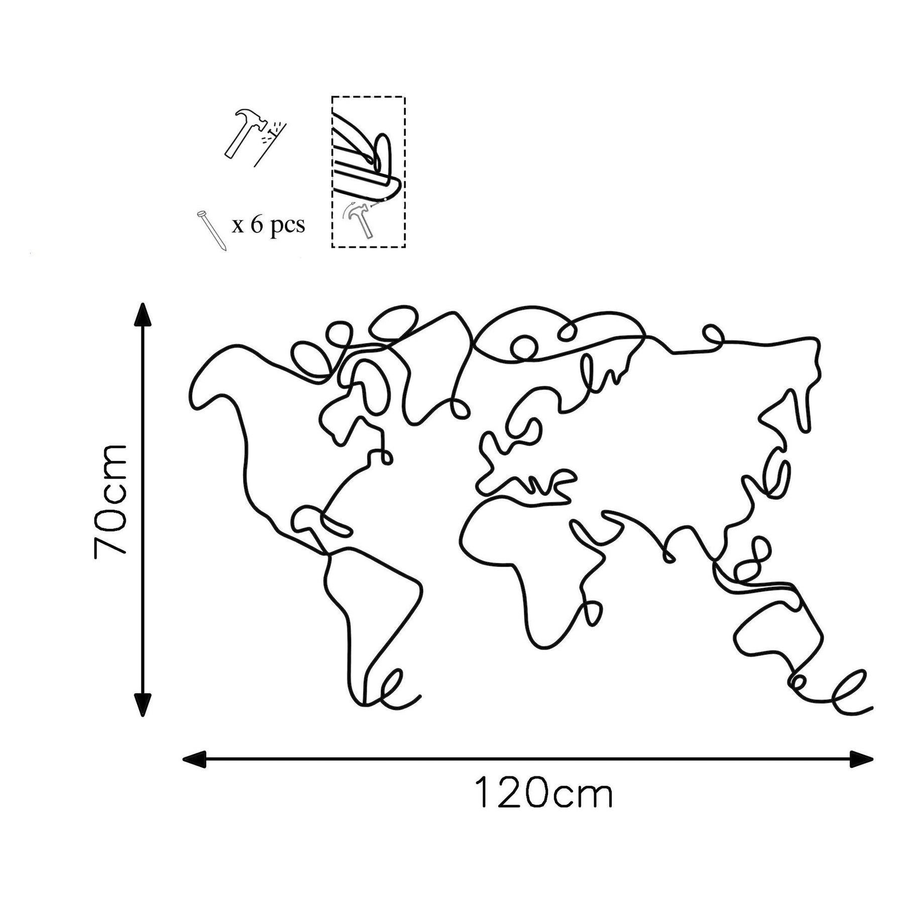 Accesoriu decorativ World Map, negru, metalic, 120x1,5x70 cm