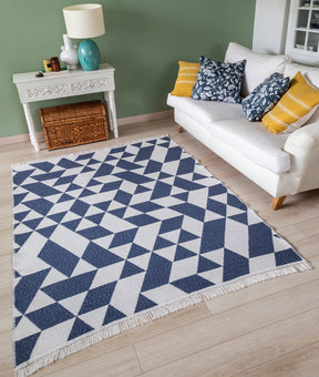 Covor 22992A, 80x150 cm, forma dreptunghiulara, bumbac, alb/albastru