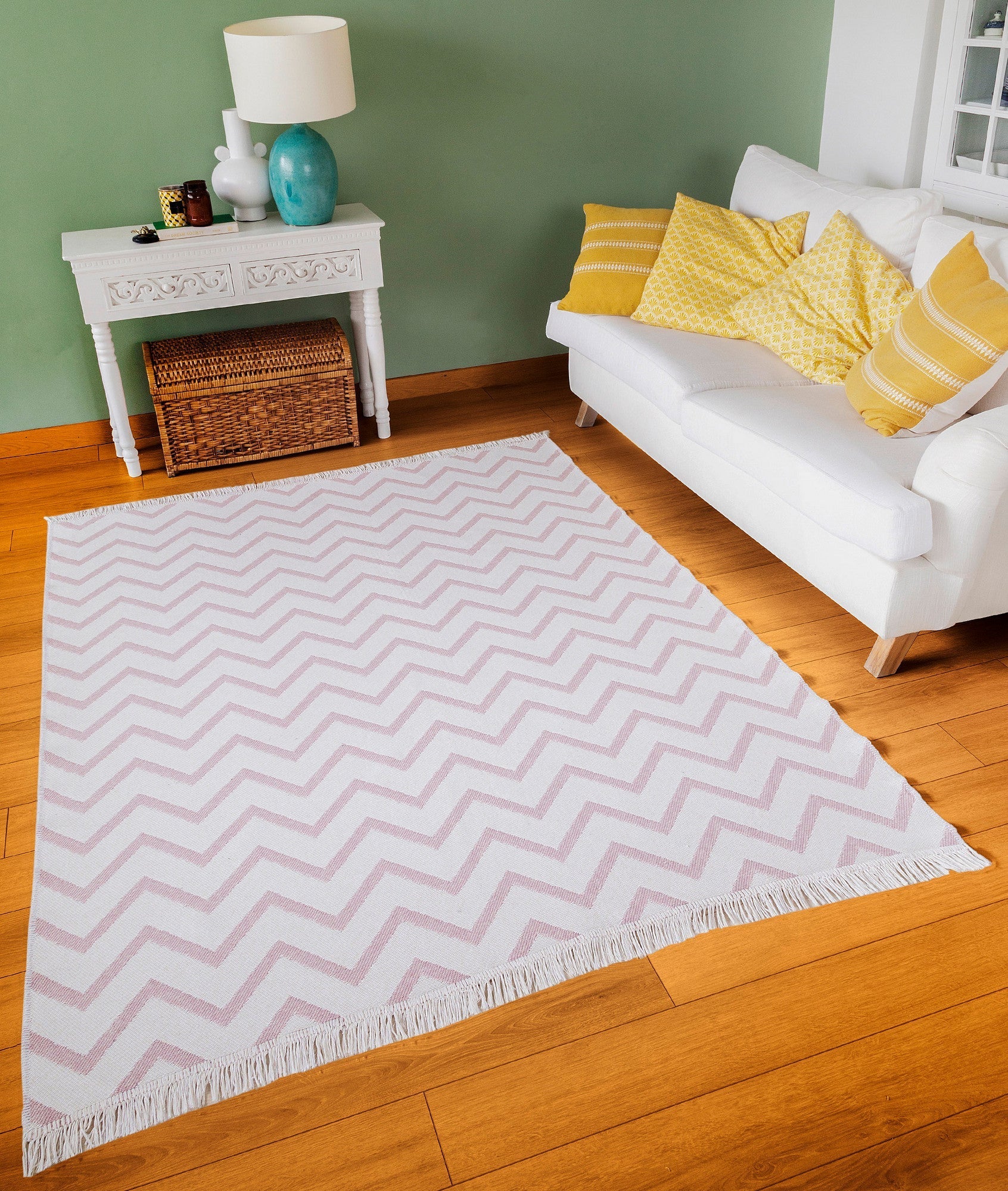 Covor 23002A, 60x100 cm, forma dreptunghiulara, bumbac, roz/alb