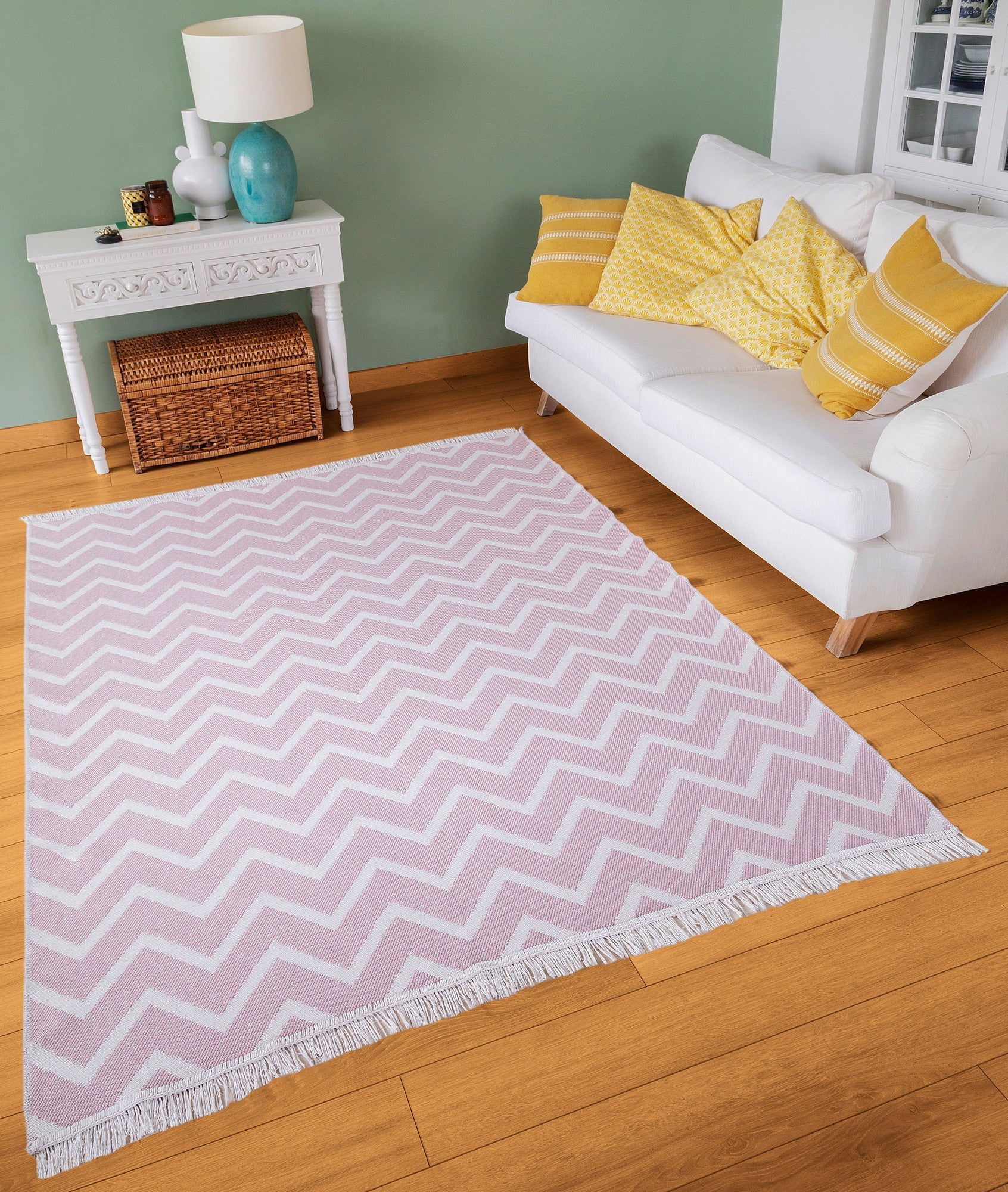 Covor 23002A, 60x100 cm, forma dreptunghiulara, bumbac, roz/alb