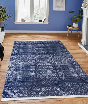 Covor 1510A, 80x150 cm, forma dreptunghiulara, tesatura catifelata, albastru inchis