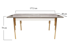 Masa extensibila DAMLA 1102, alb cu efect de marmura/auriu, PAL melaminat/metal, 144/178x90x78 cm