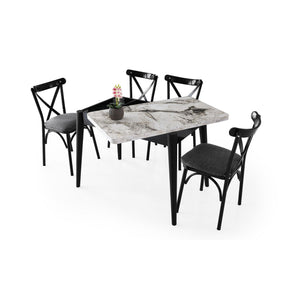 Masa extensibila DOLUNAY 1281, alb cu efect de marmura, PAL melaminat/metal, 100/120x60/100x75 cm