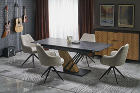 Masa extensibila VOLANT, negru cu efect de marmura/stejar auriu, piatra sinterizata/otel, 160/200x90x76 cm