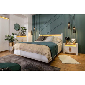 Pat ALAMEDA, alb/stejar, PAL, cu iluminare LED, 165.5x208.5x104 cm