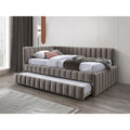 Pat 120x200 ALFIE, bej, stofa catifelata - Bluvel 40/lemn, 133x216x95 cm