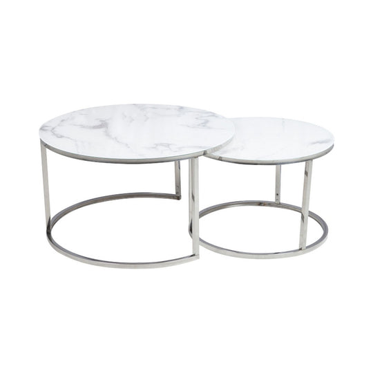 Set 2 masute de cafea ATLANTA B, alb efect de marmura/crom, sticla/metal, 80x45 / 60x42 cm