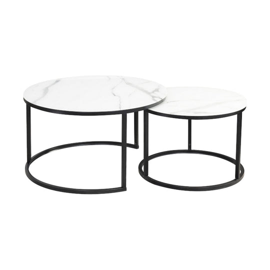 Set 2 masute de cafea ATLANTA C blat de sticla alb,efect de marmura/cadru metal negru