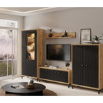 Set living PARII A, stejar artisan/negru, PAL/sticla, cu iluminare LED, 308 cm