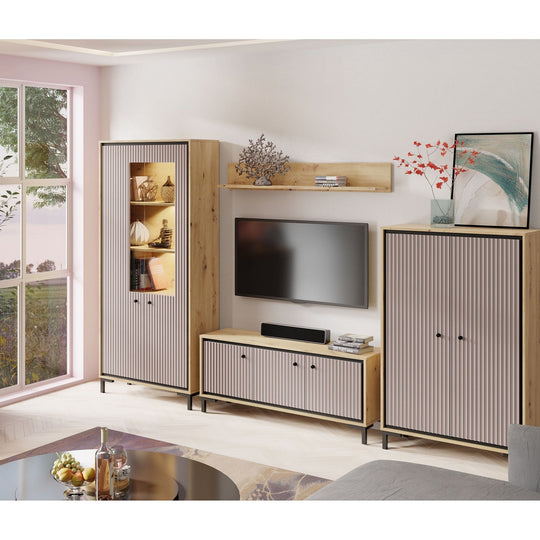 Set living PARII A, stejar artisan/roz, PAL/sticla, cu iluminare LED, 308 cm