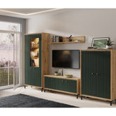 Set living PARII A, stejar artisan/verde, PAL/sticla, cu iluminare LED, 308 cm
