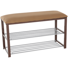 Bancuta LANGELLA, maro/crom, stofa clasica/metal, cu rafturi pantofi, 81x49x31 cm