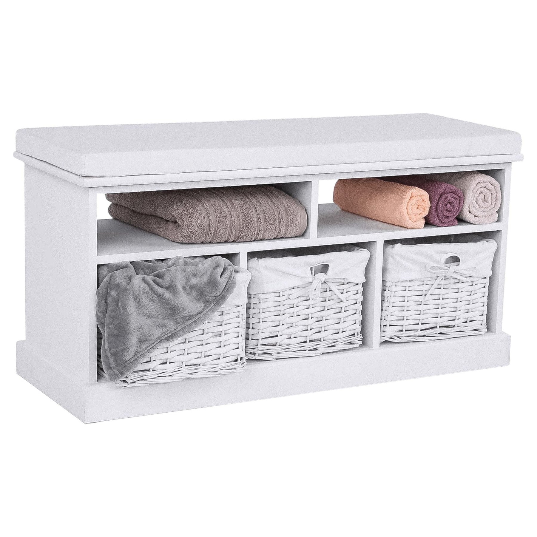 Bancuta RAFAELLO, alb, lemn, cu 3 coşuri, 95x35x49 cm