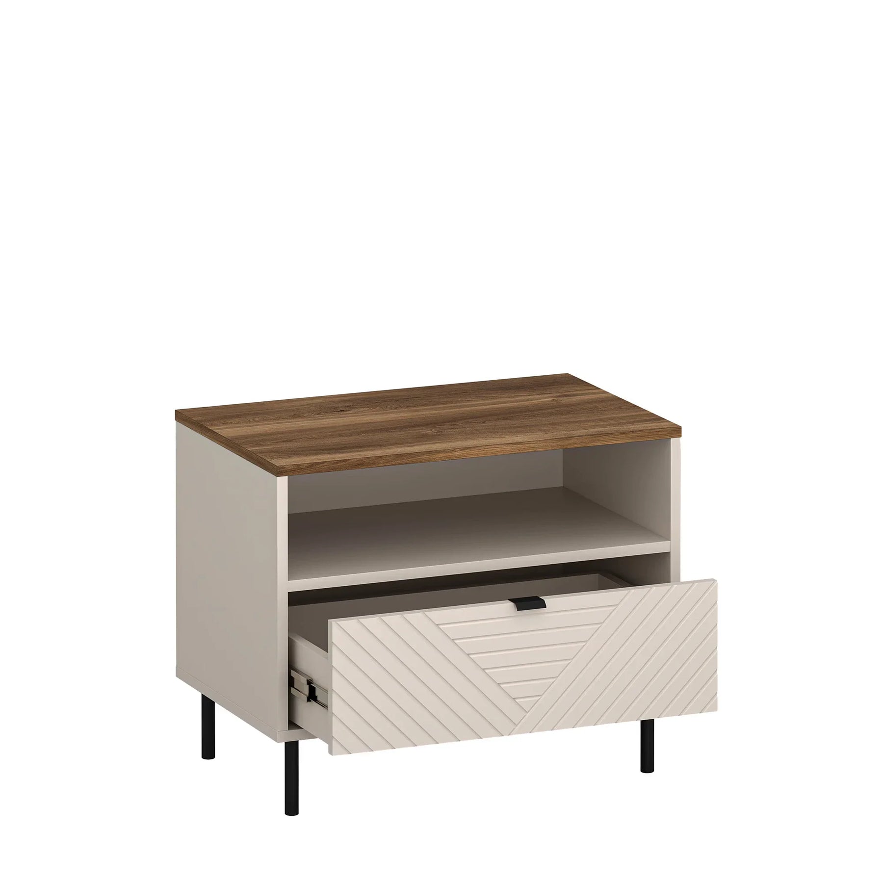 Noptiera pentru dormitor EVO, PAL laminat/MDF/metal, casmir/stejar castello, 63.7×40×52 cm