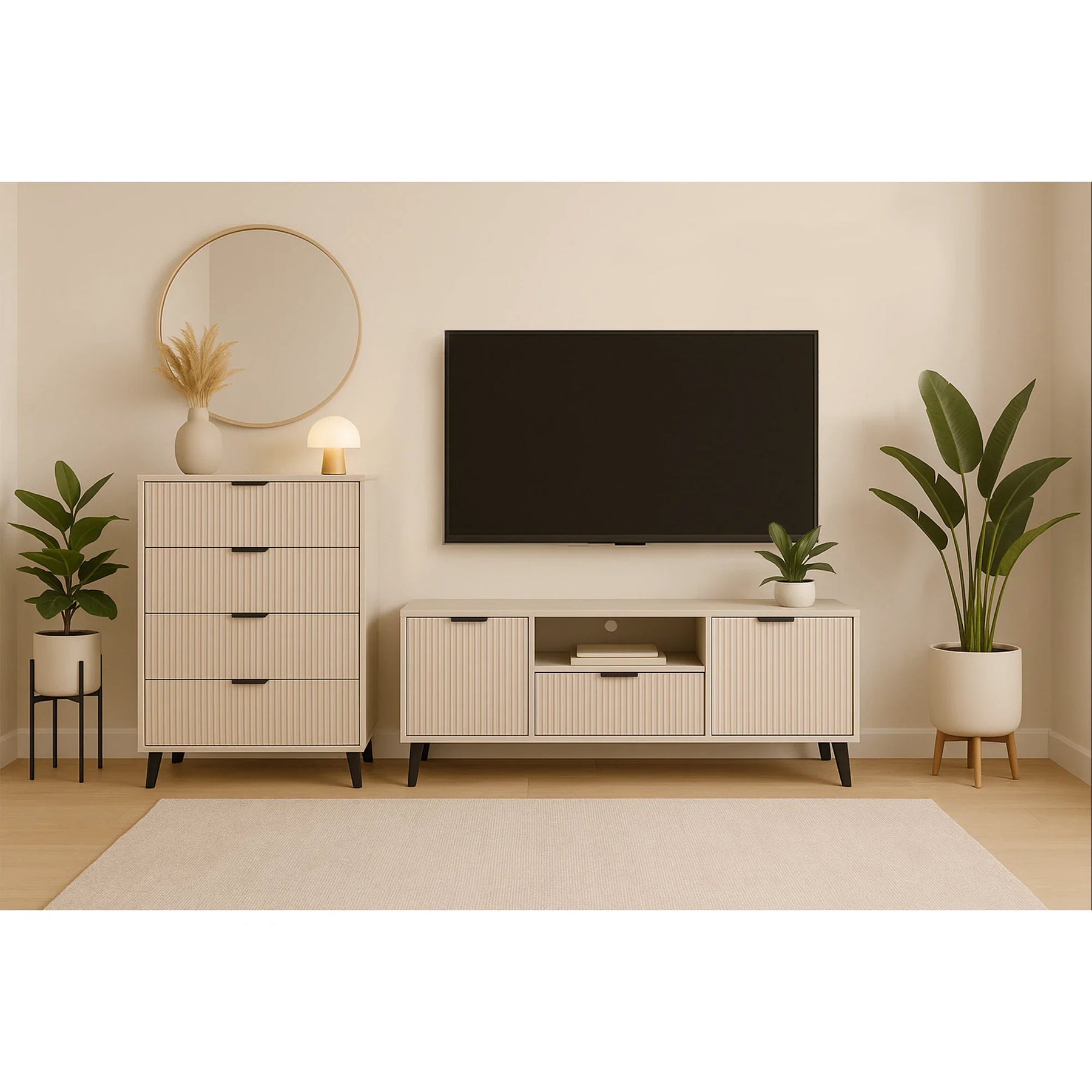 Comoda tv eleganta BORG, PAL laminat/MDF/plastic, casmir/negru, 140×38.9×58 cm