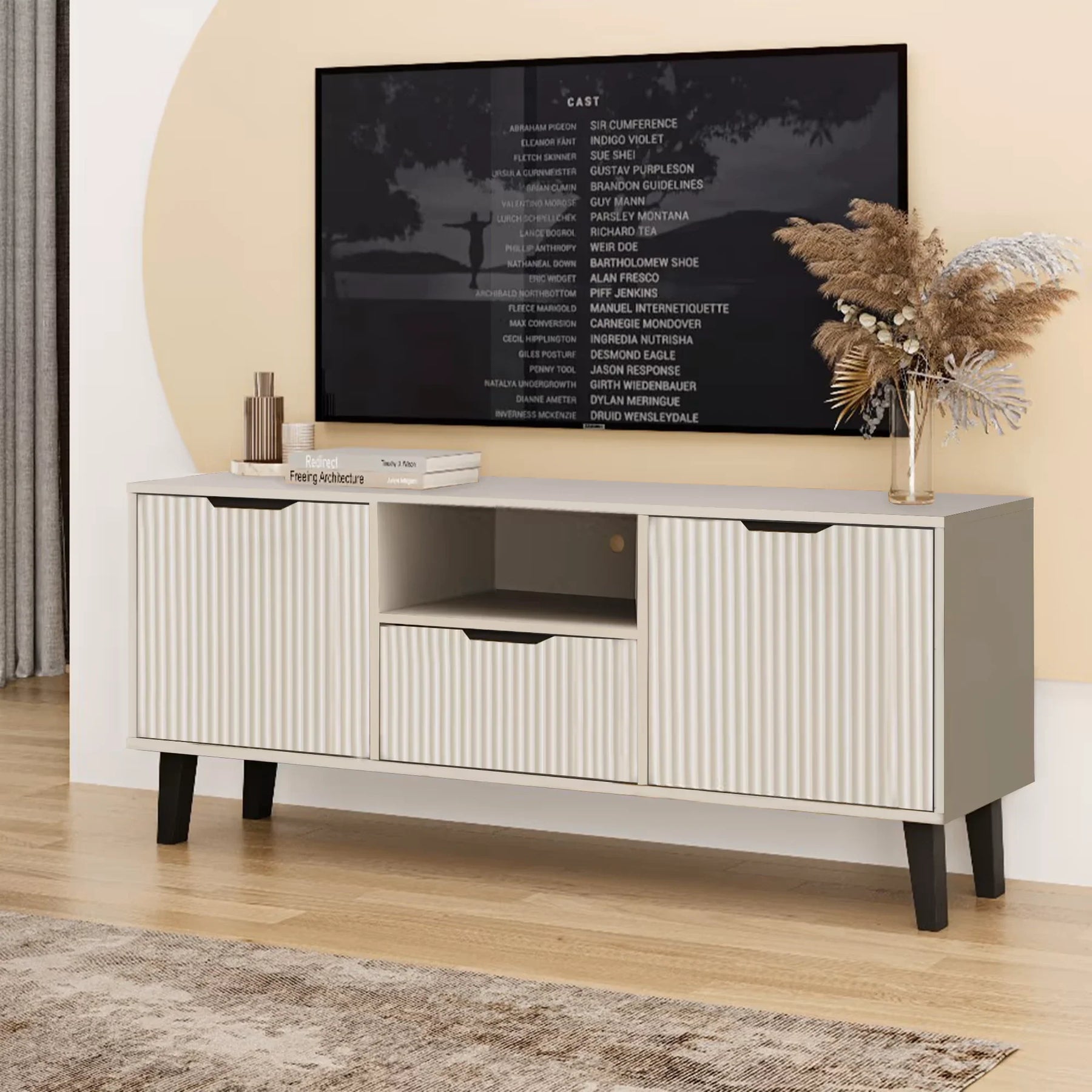 Comoda tv eleganta BORG, PAL laminat/MDF/plastic, casmir/negru, 140×38.9×58 cm