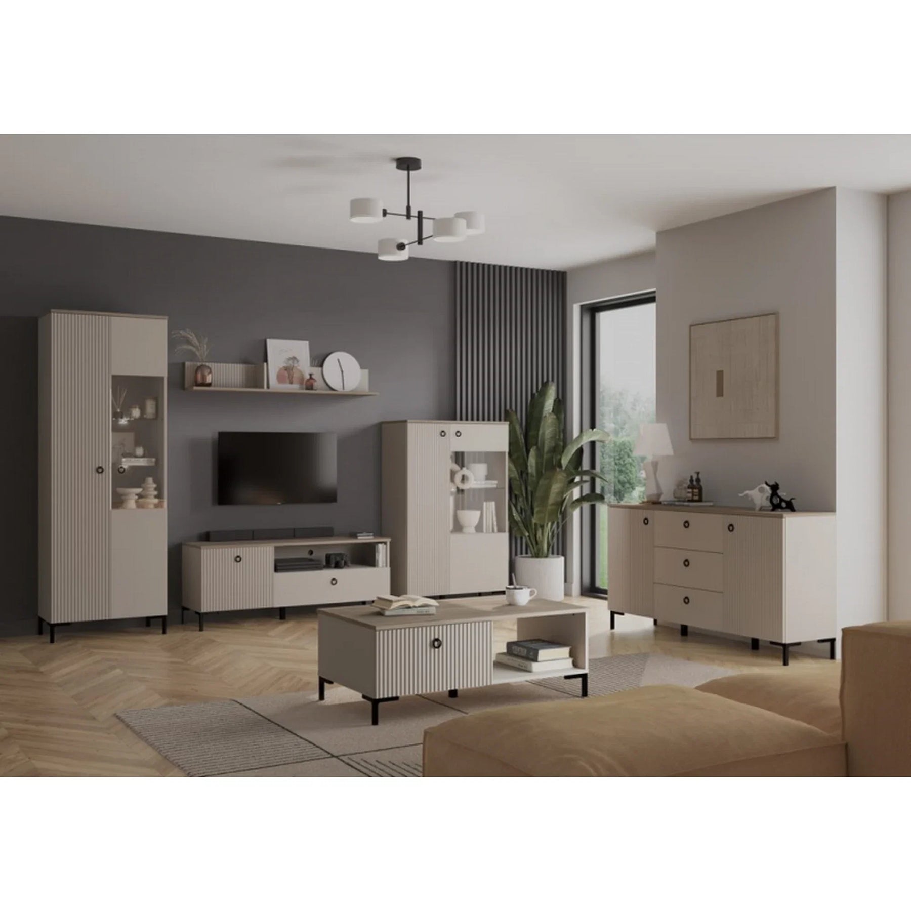 Comoda TV mica DOMINICA, PAL laminat/MDF, grej/stejar silverjack, 135×41×54.5 cm