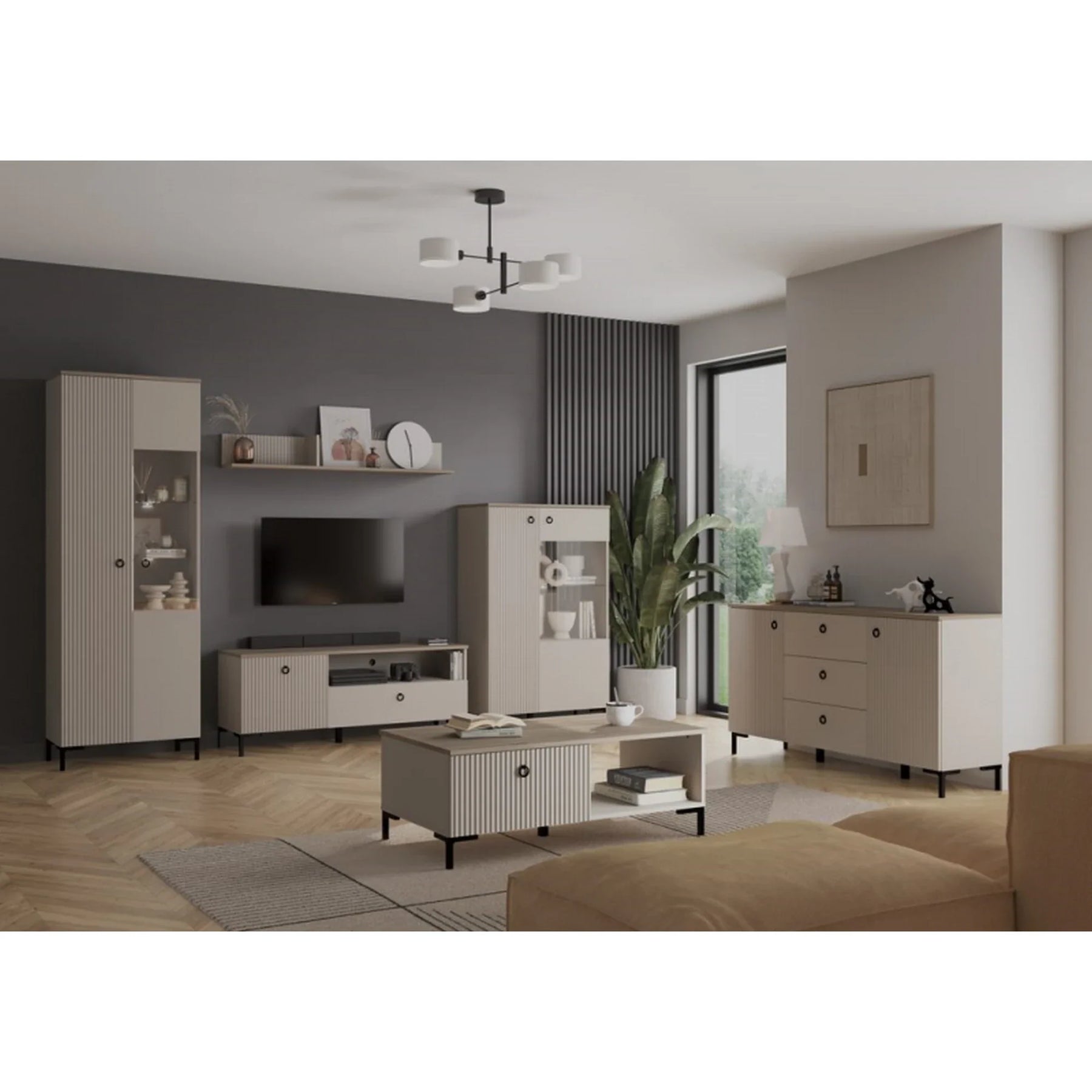 Vitrina pentru living DOMINICA, grej/stejar, PAL laminat, cu iluminare LED, 70x41x199 cm