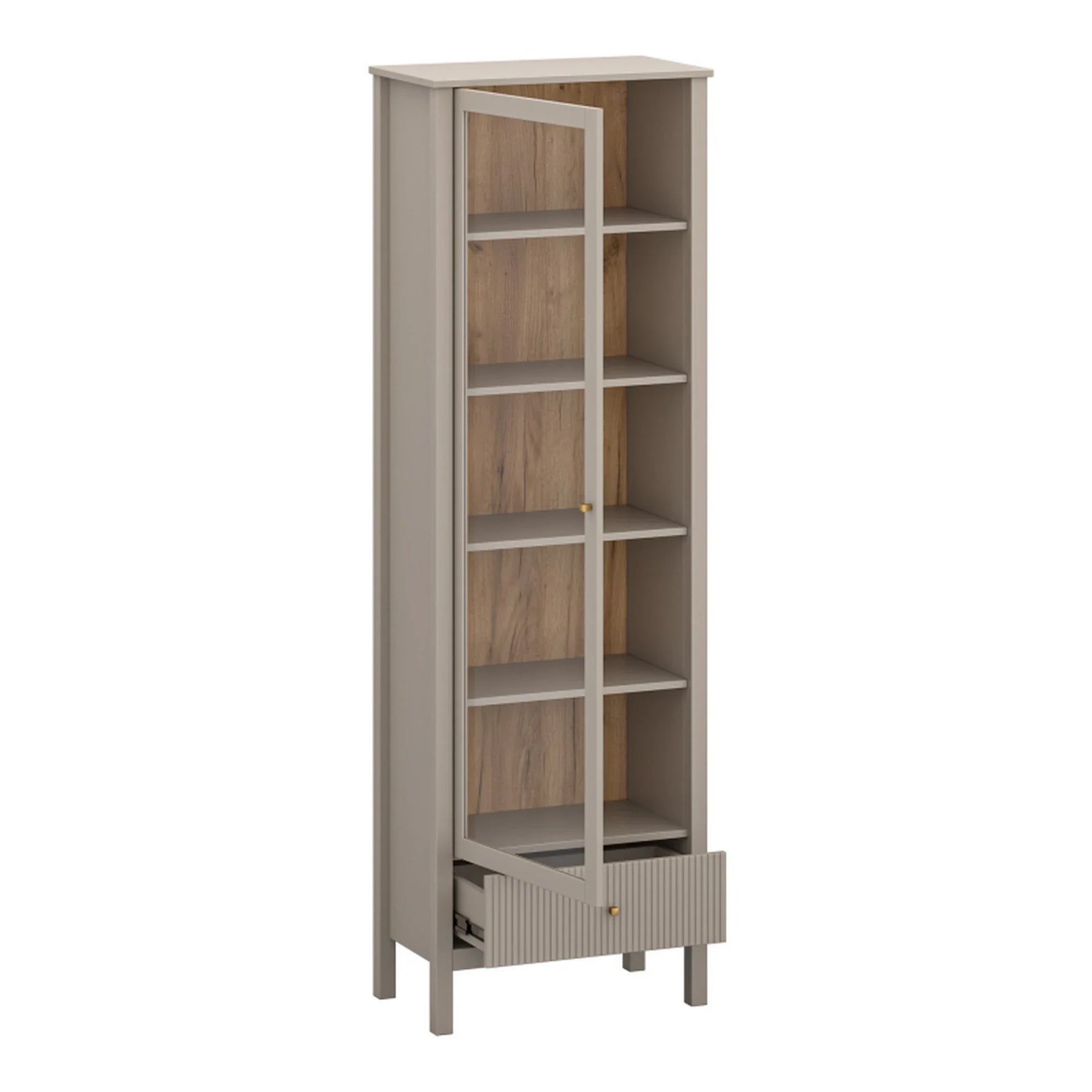 Vitrina pentru living KLEO, taupe, PAL laminat, cu iluminare LED, 65x37x201 cm