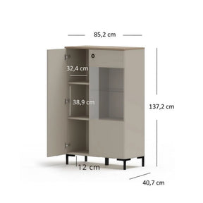 Vitrina pentru living DOMINICA, PAL laminat/MDF, grej/stejar silverjack, 85.5×41×137 cm
