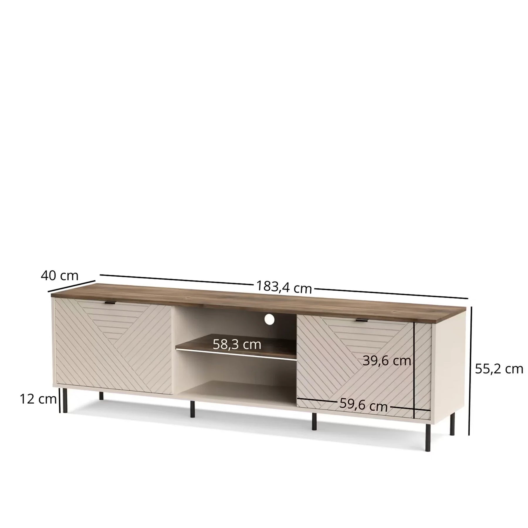 Comoda tv sufragerie EVO, PAL laminat/MDF/metal, casmir/stejar castello, 183.4×40×55.2 cm