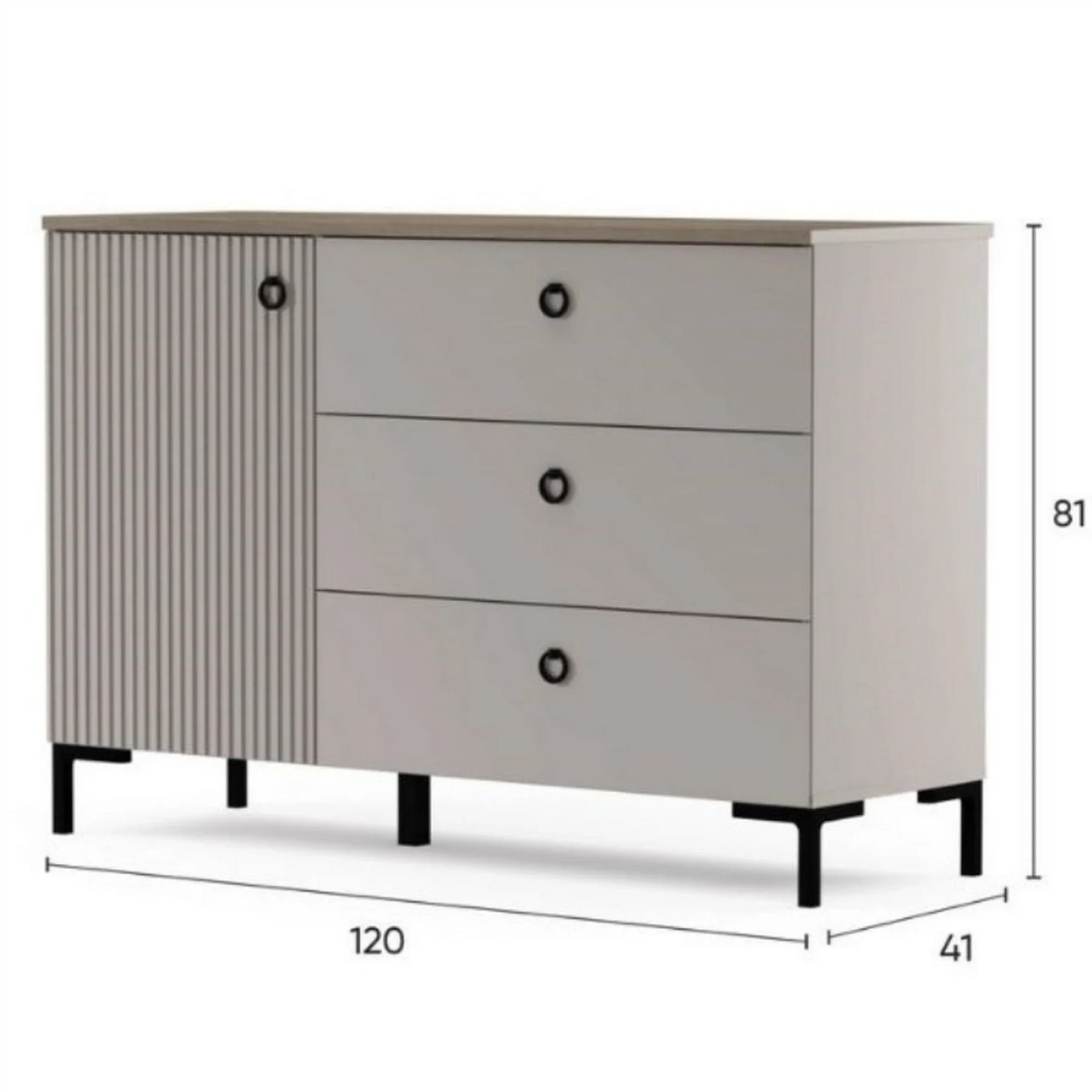 Comoda pentru living DOMINICA, PAL laminat/MDF, grej/stejar silverjack, 120×41×81 cm
