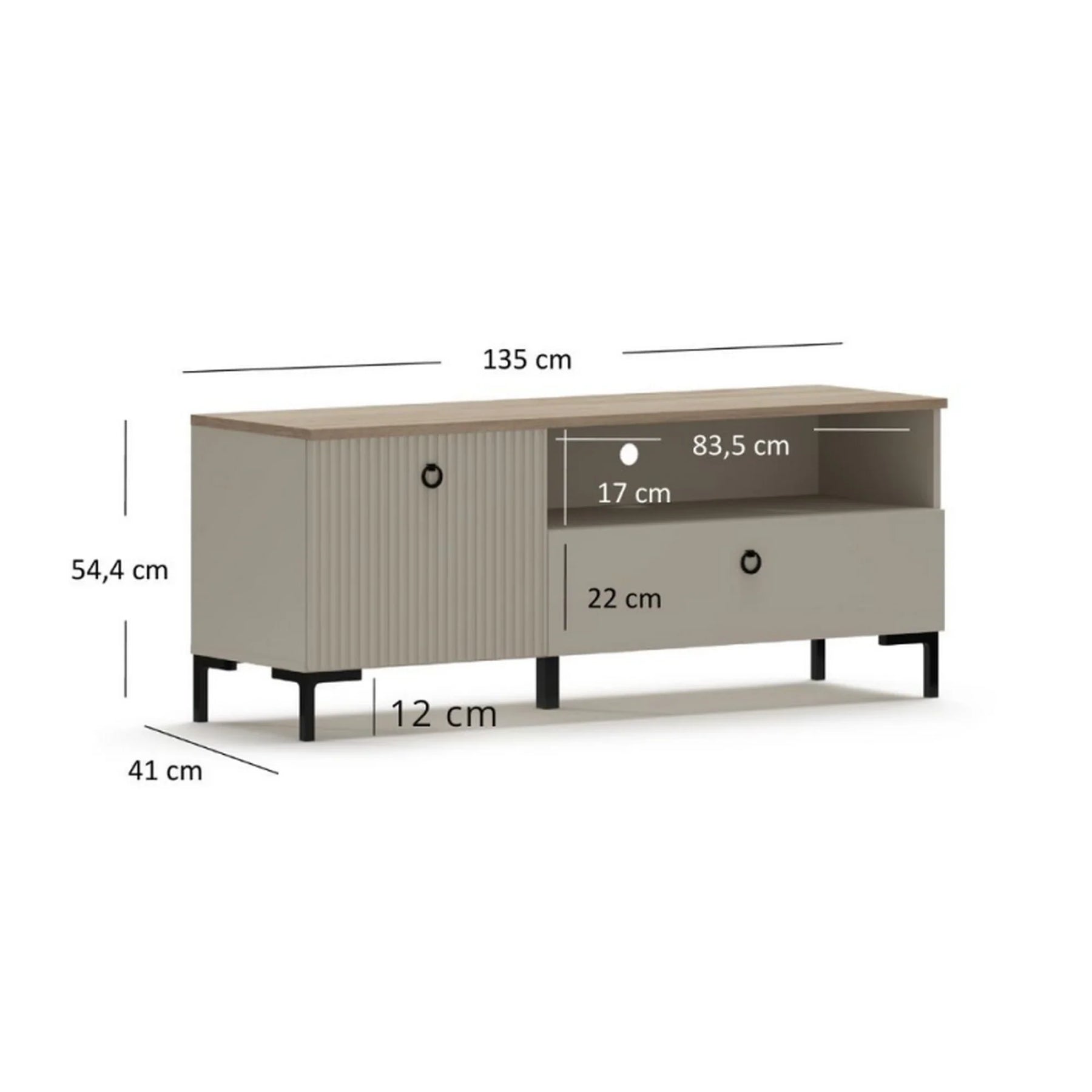 Comoda TV mica DOMINICA, PAL laminat/MDF, grej/stejar silverjack, 135×41×54.5 cm