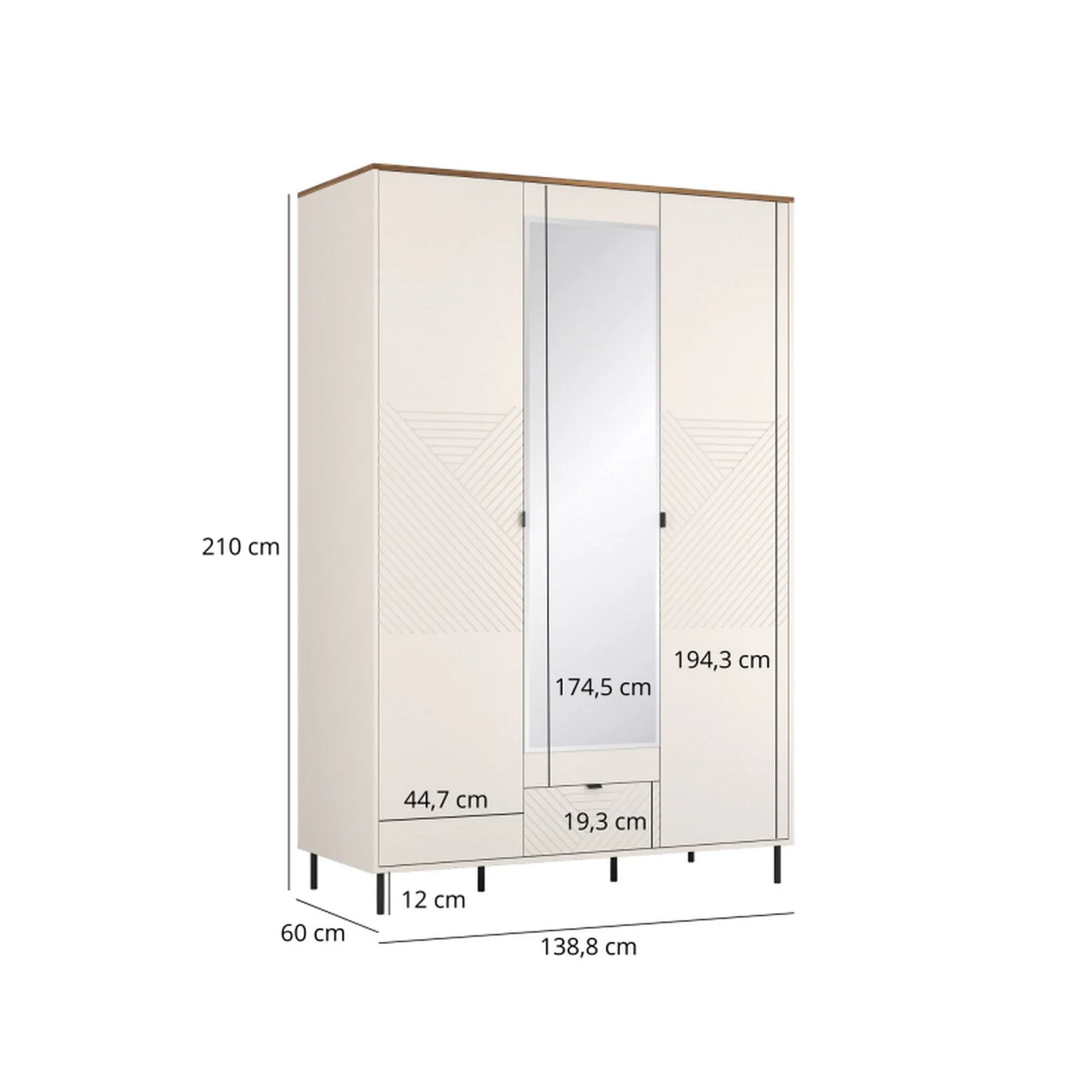 Dulap dormitor oglinda EVO, PAL laminat/MDF/metal, casmir/stejar castello, 138.8×60×210 cm