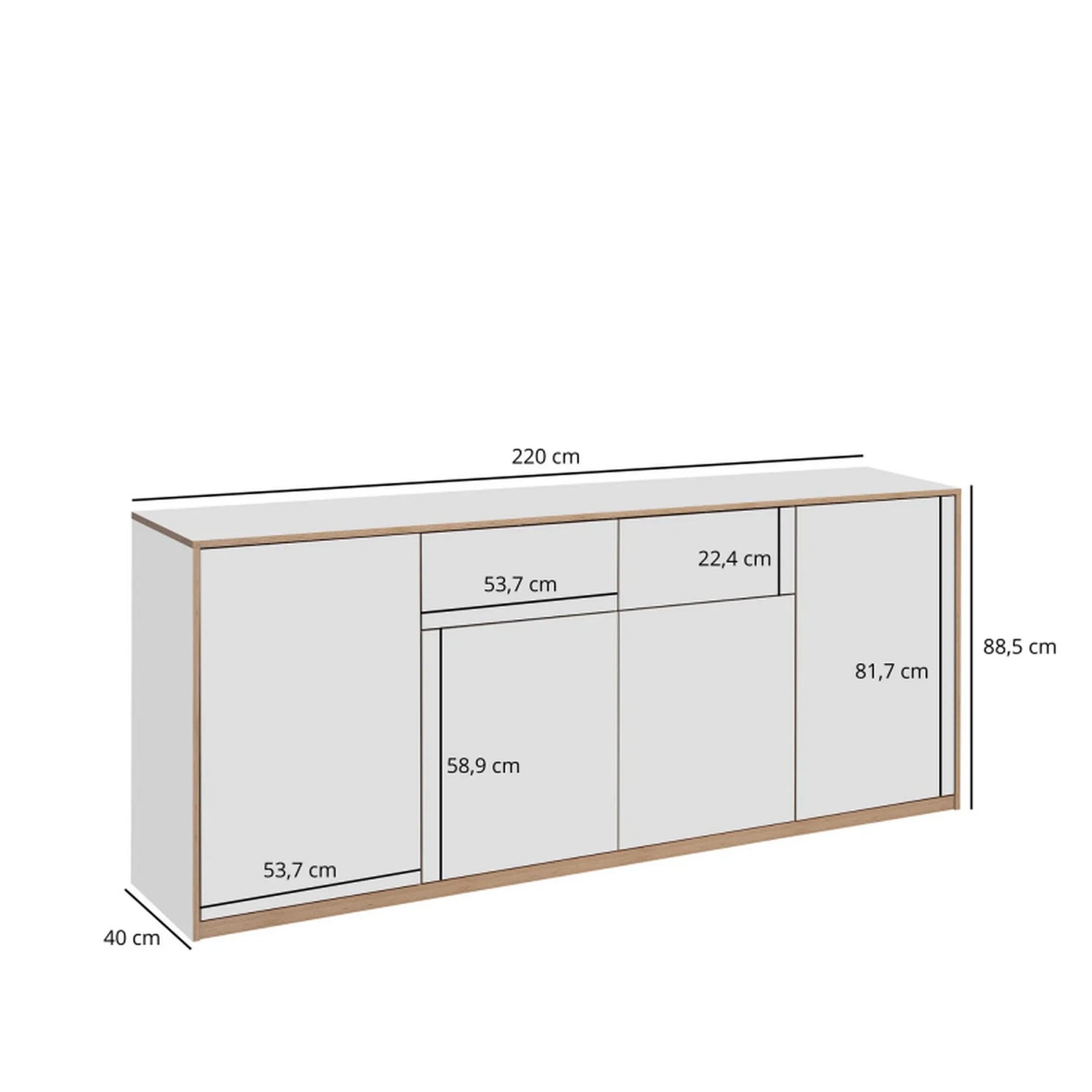 Comoda pentru living COMPLEX, PAL laminat, alb/stejar, 220×40×88.5 cm