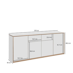 Comoda pentru living COMPLEX, PAL laminat, alb/stejar, 220×40×88.5 cm