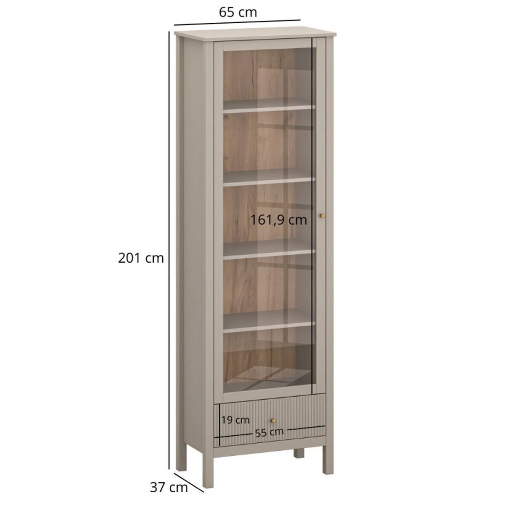 Vitrina pentru living KLEO, taupe, PAL laminat, cu iluminare LED, 65x37x201 cm