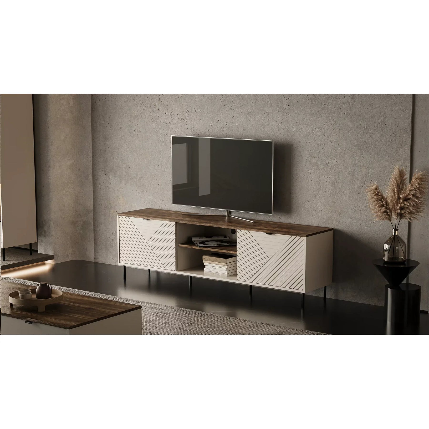 Comoda tv sufragerie EVO, PAL laminat/MDF/metal, casmir/stejar castello, 183.4×40×55.2 cm