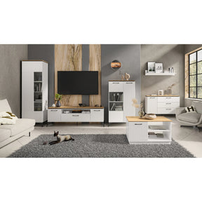 Vitrina VELUTTO, alb/stejar, PAL, cu iluminare LED, 86x44x142 cm