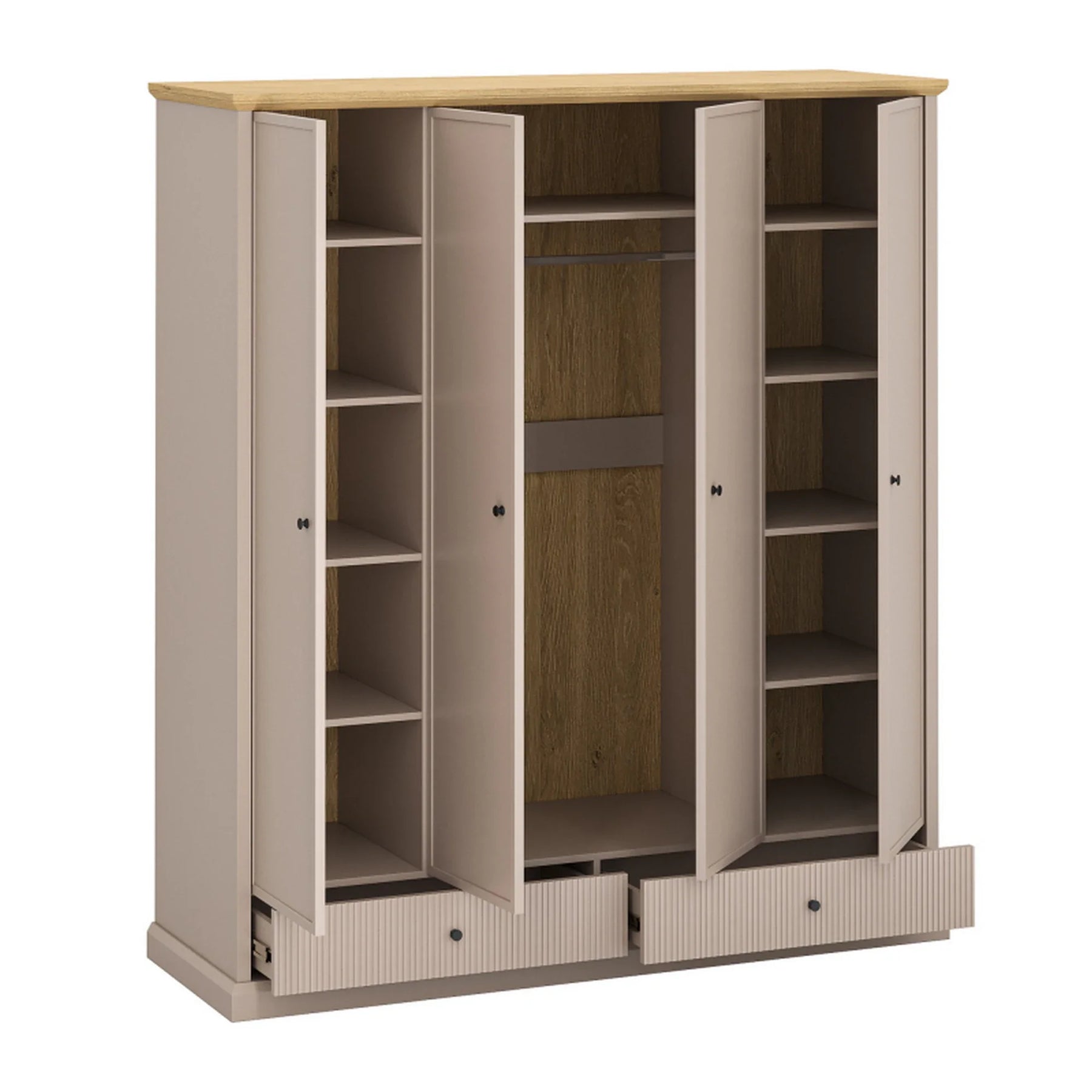 Dulap haine cu rafturi si sertare IDELLO, PAL laminat/MDF/HDF, taupe/stejar, 179.6×61.7×206.3 cm