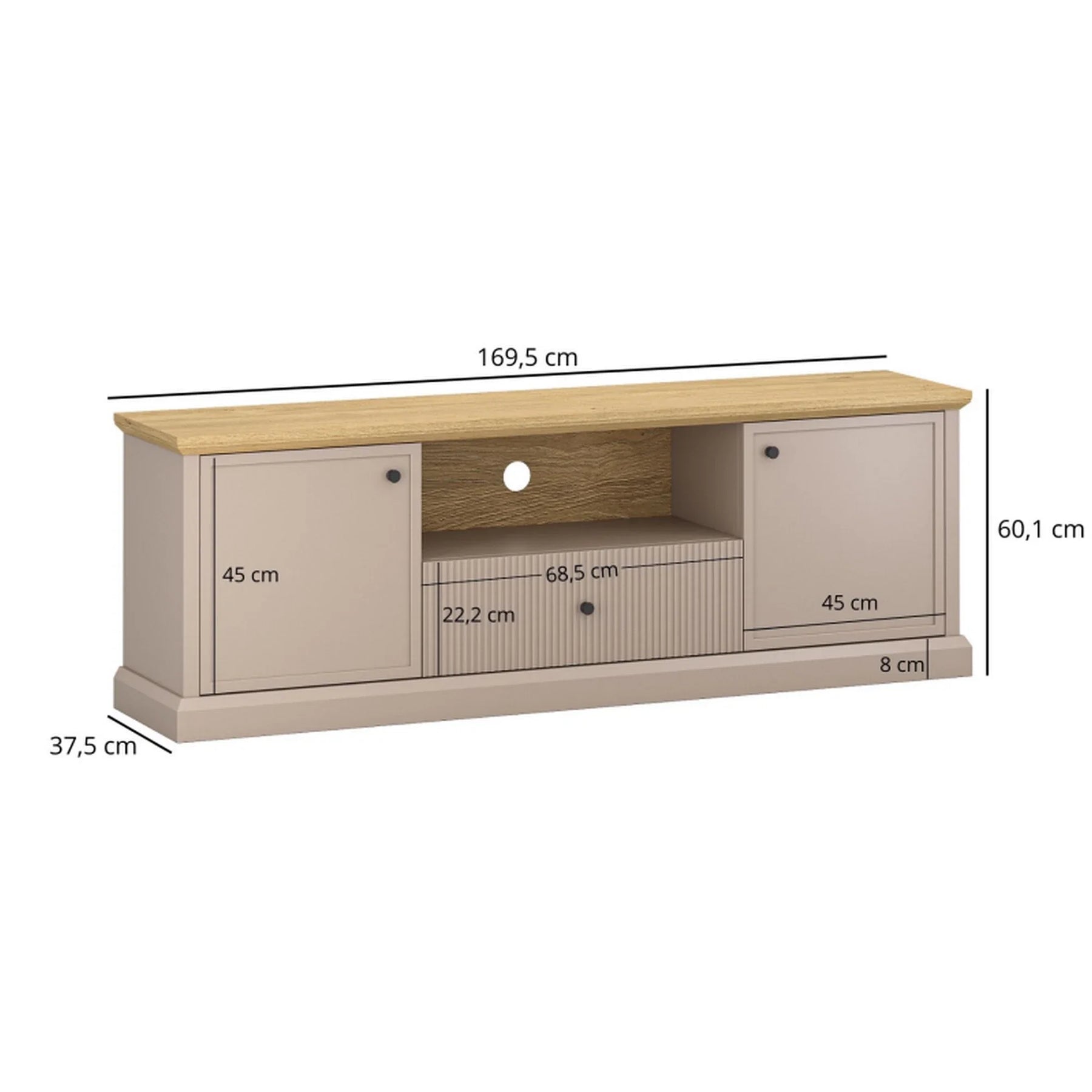 Comoda TV IDELLO, PAL laminat/MDF/HDF, taupe/stejar, 169.5×37.5×60.1 cm
