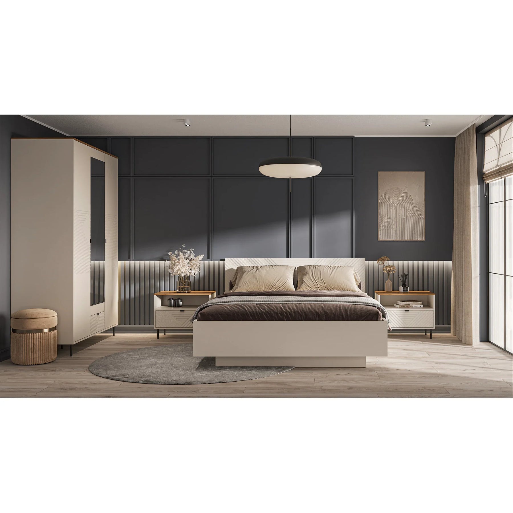 Noptiera pentru dormitor EVO, PAL laminat/MDF/metal, casmir/stejar castello, 63.7×40×52 cm