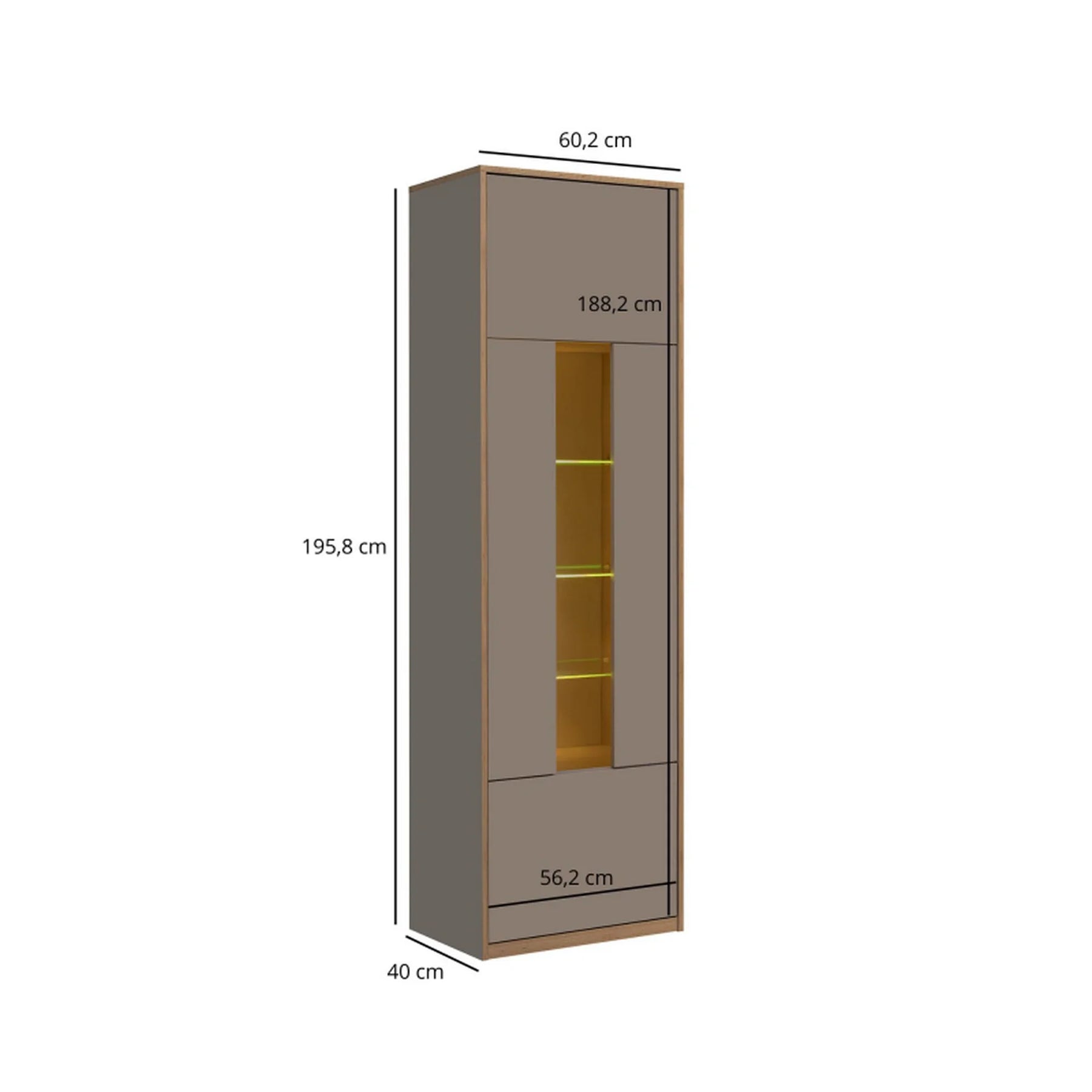 Vitrina pentru living COMPLEX, PAL laminat/sticlă, gri cubanit/stejar, 60.2×40×195.8 cm