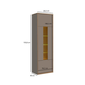 Vitrina pentru living COMPLEX, PAL laminat/sticlă, gri cubanit/stejar, 60.2×40×195.8 cm