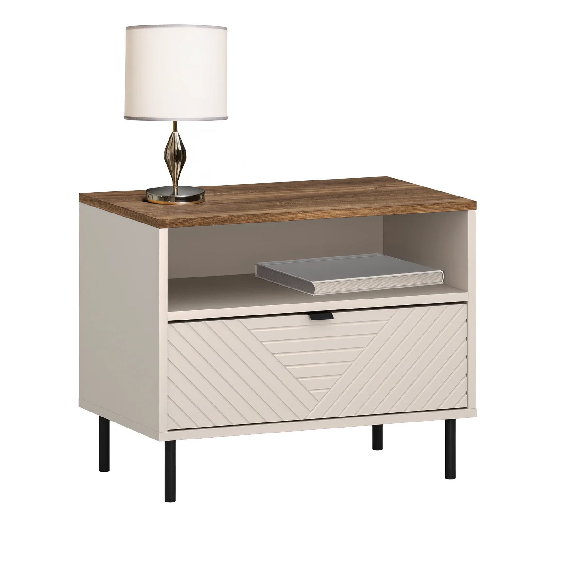 Noptiera pentru dormitor EVO, PAL laminat/MDF/metal, casmir/stejar castello, 63.7×40×52 cm