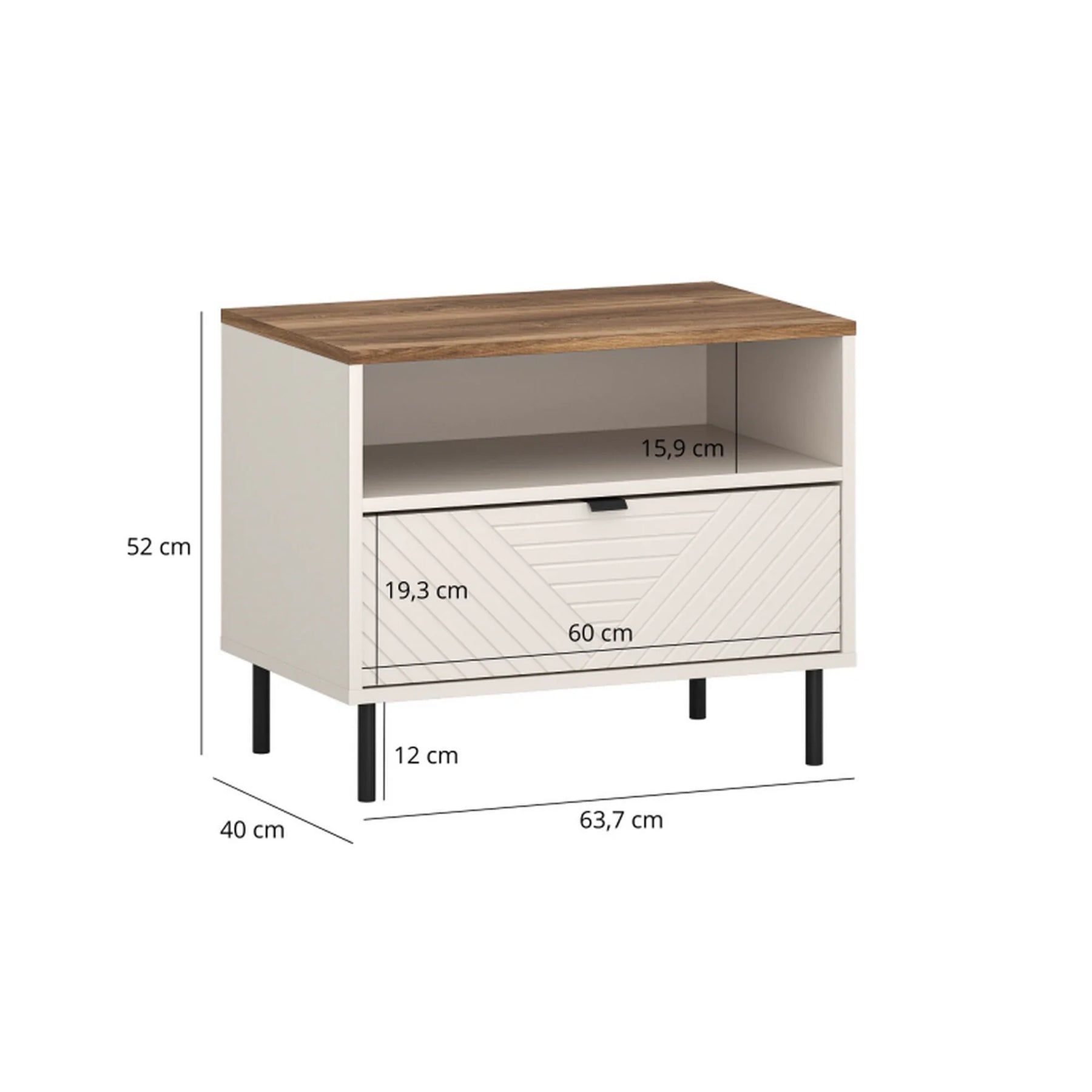 Noptiera pentru dormitor EVO, PAL laminat/MDF/metal, casmir/stejar castello, 63.7×40×52 cm