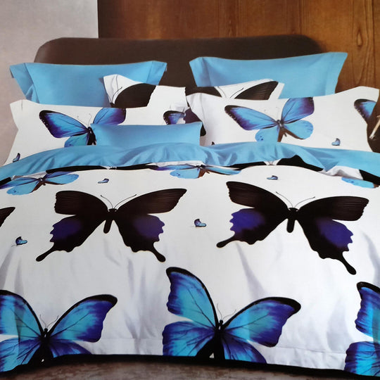 Set lenjerie pat cocolino COCO16, alb/albastru, 240x240 cm, cu cearceaf pat, cearceaf pilota si 2 fete de perna