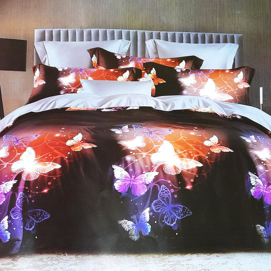 Set lenjerie pat cocolino FIRE BUTTERFLYES, multicolor, 240x240 cm, cu cearceaf pat, cearceaf pilota si 2 fete de perna