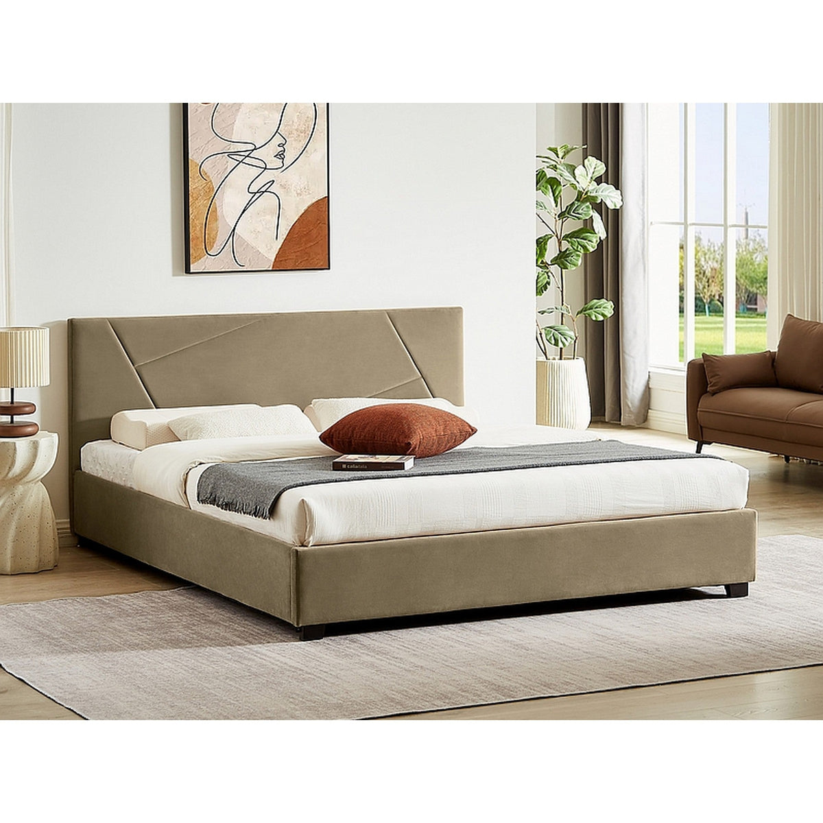 Pat 140x200 COLUMBIA, bej, stofa catifelata/lemn, 147x212x86 cm