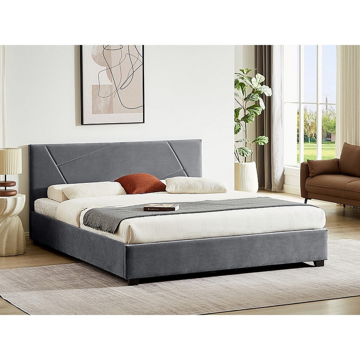 Pat 160x200 COLUMBIA, gri, stofa catifelata/lemn, 167x212x86 cm